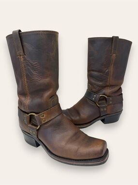FRYE Harness 12R Leather Belted Western Moto Boot Brown Square Toe 11 Women’s